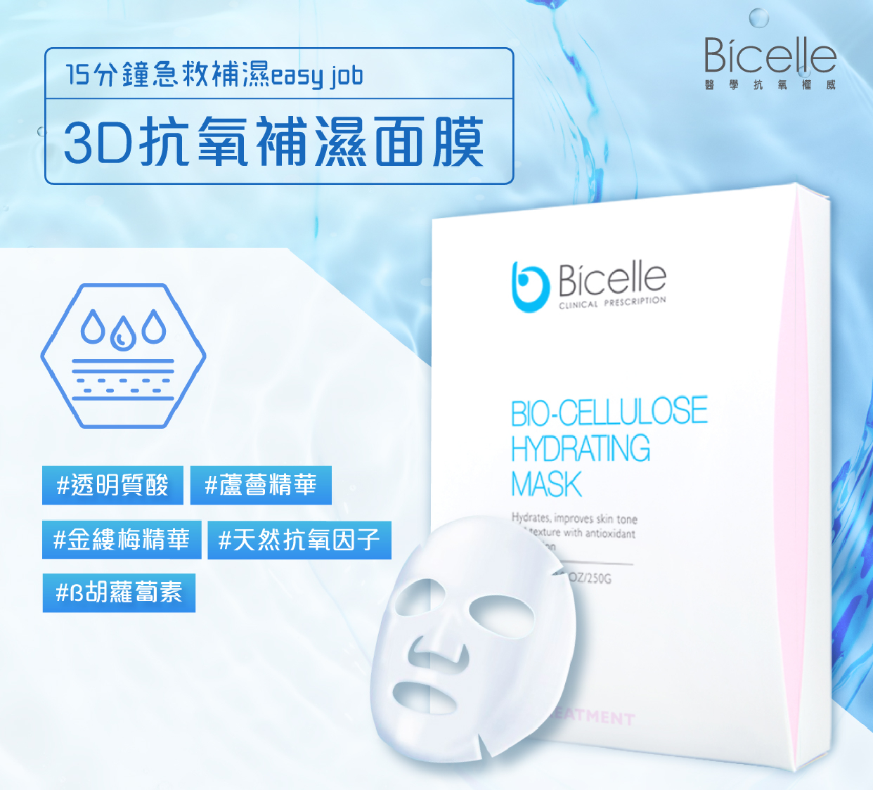 Bicelle 3D 抗氧補濕面膜_透明質酸_15分鐘急救缺水肌_暗啞_乾燥缺水